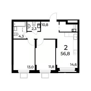 2-к квартира, вторичка, 57м2, 11/15 этаж