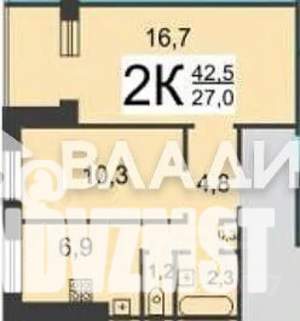 2-к квартира, вторичка, 43м2, 7/9 этаж