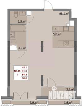 1-к квартира, вторичка, 64м2, 6/6 этаж