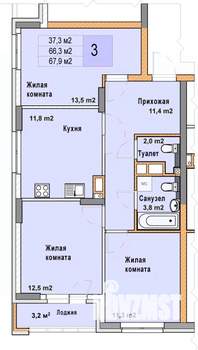 3-к квартира, вторичка, 68м2, 5/25 этаж