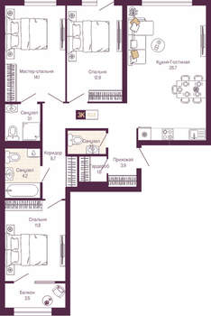 3-к квартира, вторичка, 91м2, 4/19 этаж