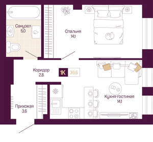 1-к квартира, вторичка, 40м2, 2/25 этаж