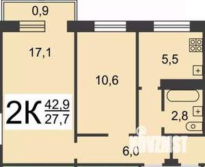 2-к квартира, вторичка, 43м2, 5/5 этаж