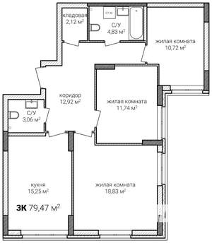 3-к квартира, строящийся дом, 79м2, 2/13 этаж