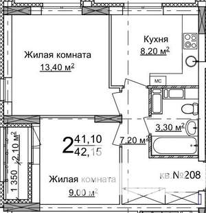 2-к квартира, вторичка, 42м2, 8/18 этаж