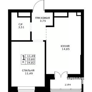 1-к квартира, строящийся дом, 35м2, 23/24 этаж