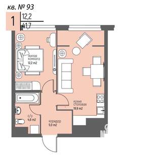 1-к квартира, вторичка, 42м2, 8/25 этаж
