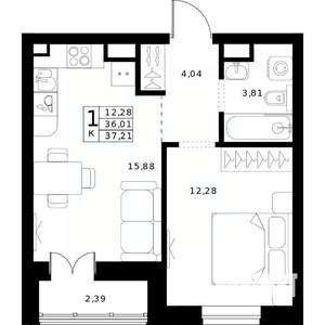 1-к квартира, строящийся дом, 37м2, 12/24 этаж