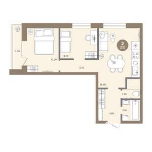 2-к квартира, строящийся дом, 48м2, 6/18 этаж