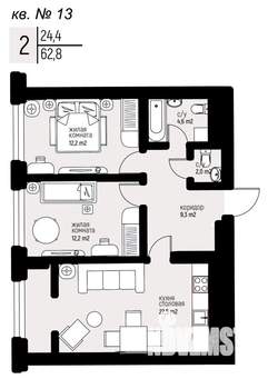 2-к квартира, вторичка, 63м2, 2/25 этаж