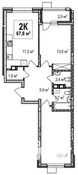 2-к квартира, строящийся дом, 68м2, 15/18 этаж