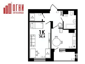 1-к квартира, строящийся дом, 36м2, 12/25 этаж