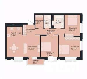 3-к квартира, строящийся дом, 95м2, 8/9 этаж