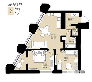 2-к квартира, вторичка, 67м2, 16/25 этаж