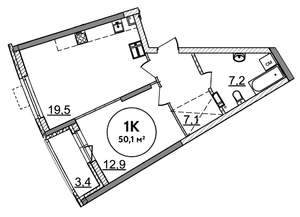 1-к квартира, строящийся дом, 50м2, 22/25 этаж