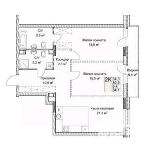 Студия квартира, вторичка, 84м2, 6/9 этаж