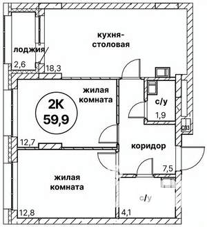 2-к квартира, вторичка, 60м2, 12/13 этаж