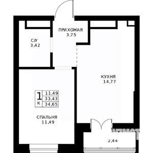 1-к квартира, строящийся дом, 35м2, 24/24 этаж