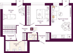 2-к квартира, вторичка, 63м2, 4/19 этаж
