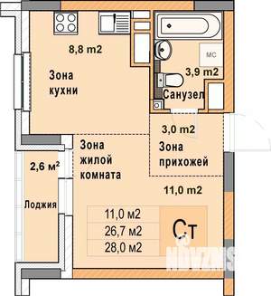 Студия квартира, вторичка, 28м2, 12/25 этаж