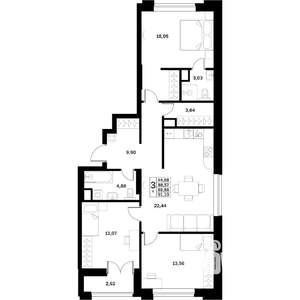 3-к квартира, строящийся дом, 90м2, 12/17 этаж