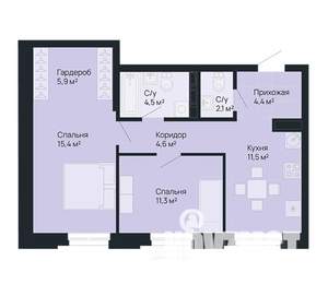 2-к квартира, строящийся дом, 60м2, 1/9 этаж