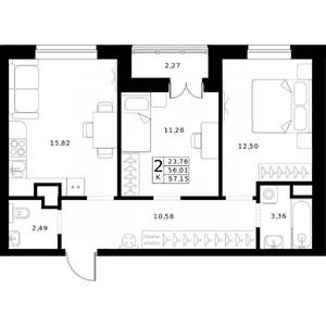 2-к квартира, строящийся дом, 57м2, 10/24 этаж