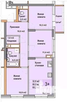 3-к квартира, вторичка, 68м2, 3/25 этаж
