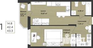 1-к квартира, строящийся дом, 43м2, 1/15 этаж