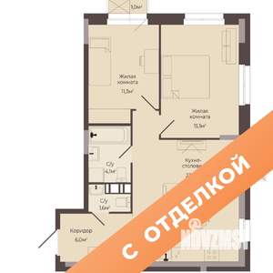 2-к квартира, строящийся дом, 62м2, 3/8 этаж