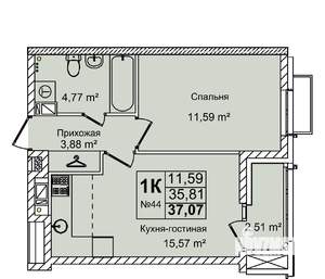 1-к квартира, вторичка, 37м2, 6/16 этаж