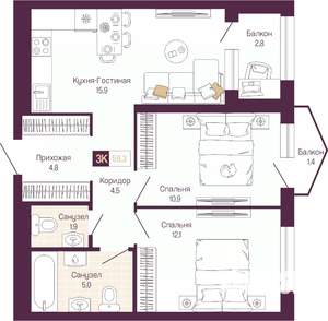 2-к квартира, вторичка, 65м2, 3/14 этаж
