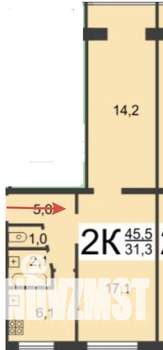 2-к квартира, вторичка, 46м2, 4/5 этаж