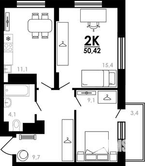 2-к квартира, вторичка, 50м2, 22/25 этаж
