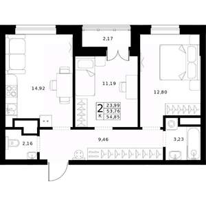 2-к квартира, строящийся дом, 55м2, 22/24 этаж