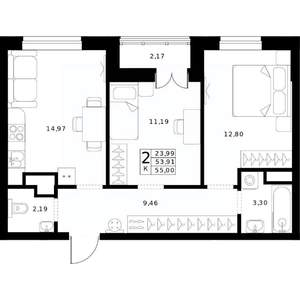 2-к квартира, вторичка, 55м2, 15/24 этаж