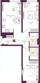2-к квартира, вторичка, 71м2, 17/19 этаж