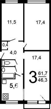 3-к квартира, вторичка, 59м2, 1/9 этаж
