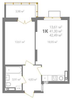 1-к квартира, вторичка, 42м2, 12/18 этаж