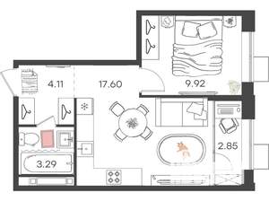 1-к квартира, вторичка, 38м2, 4/17 этаж