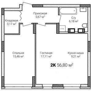 2-к квартира, строящийся дом, 57м2, 2/15 этаж