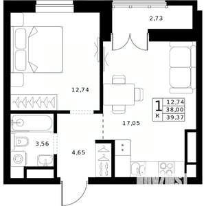 1-к квартира, строящийся дом, 39м2, 22/24 этаж