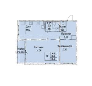 2-к квартира, вторичка, 68м2, 1/9 этаж