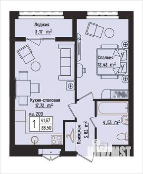 1-к квартира, вторичка, 42м2, 11/15 этаж