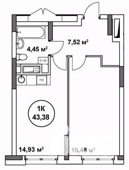 1-к квартира, строящийся дом, 43м2, 14/22 этаж