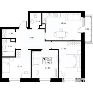 3-к квартира, строящийся дом, 78м2, 2/24 этаж