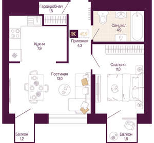 1-к квартира, вторичка, 44м2, 4/25 этаж