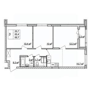 3-к квартира, строящийся дом, 67м2, 21/25 этаж
