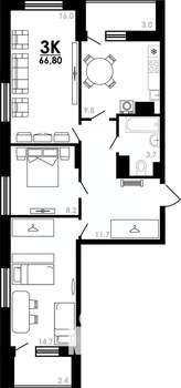 3-к квартира, вторичка, 67м2, 11/25 этаж
