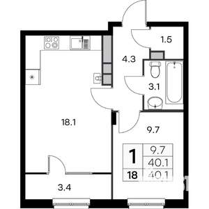 1-к квартира, вторичка, 40м2, 4/4 этаж